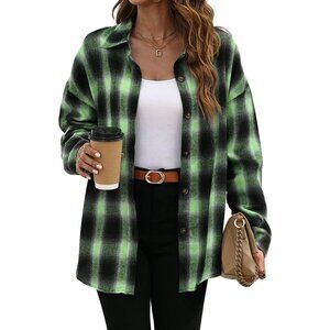Fantaslook Plaid Flannel Sleeve Button Down Shirts Blouse NIP SZ MEDIUM - GREEN